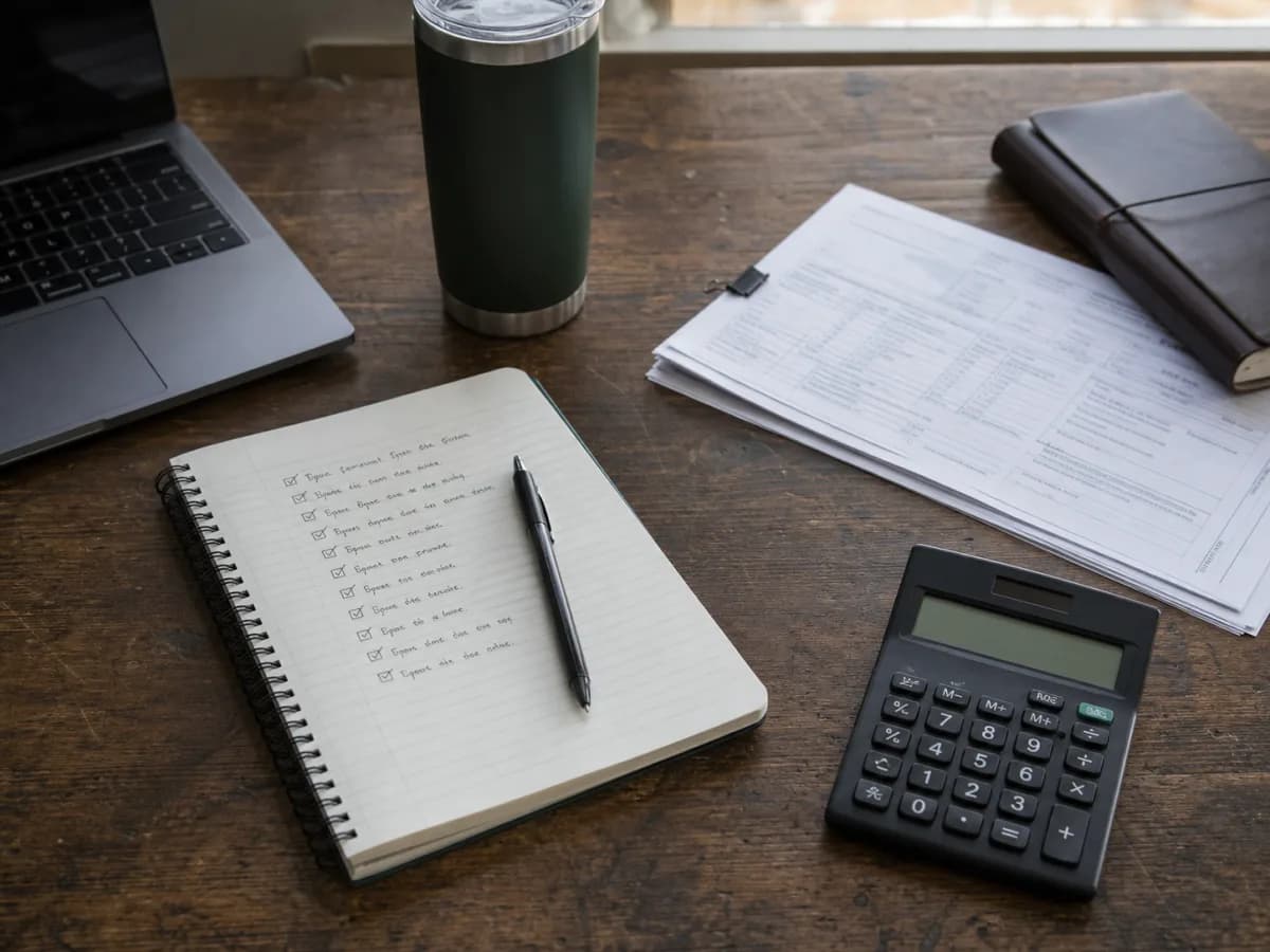 A field notebook, calculator, payroll forms, and laptop arranged on a service business owner's desk