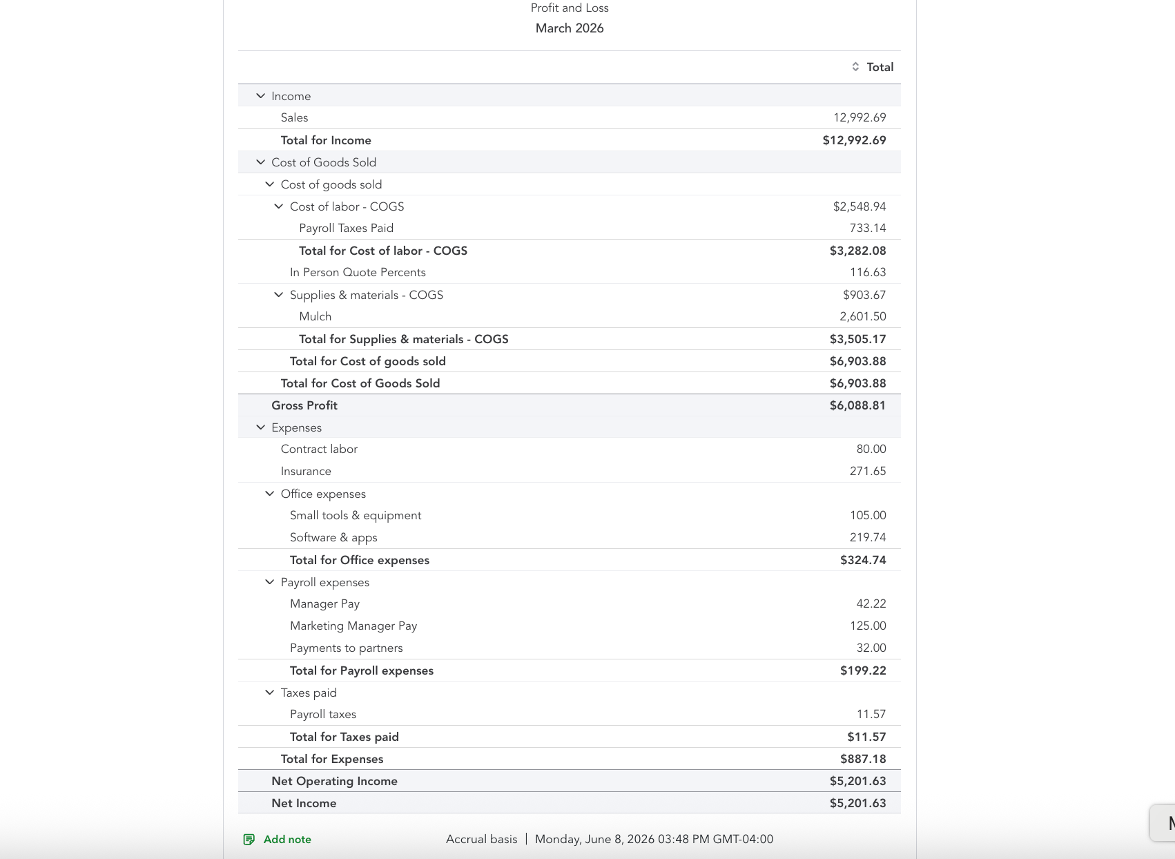 QuickBooks Online profit and loss report for March 2026 with income, cost of goods sold, expenses, and net income
