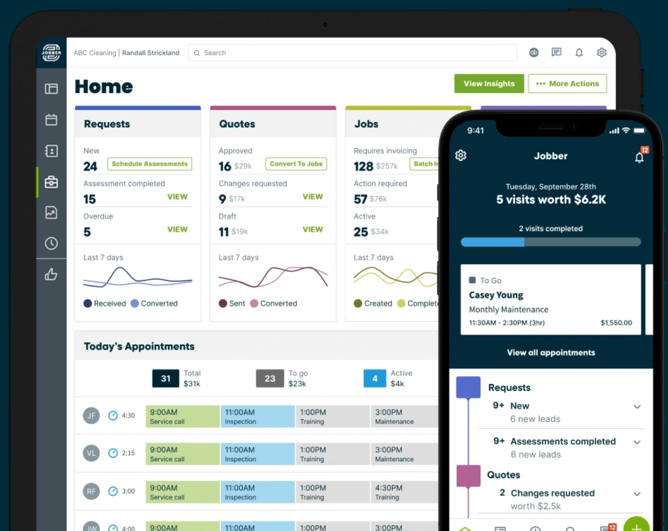 Jobber dashboard with jobs, requests, and team assignments