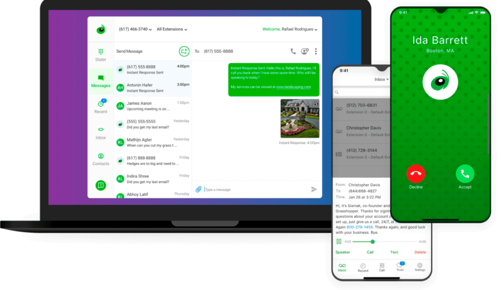Grasshopper desktop and mobile phone interface showing messaging, calls, and voicemail