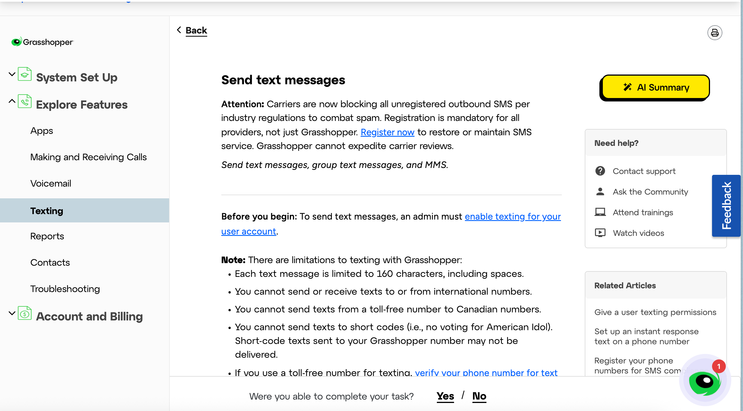 Grasshopper support article explaining SMS registration requirements, texting limitations, and setup help options