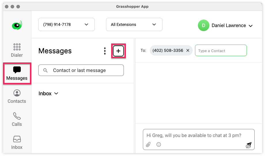 Grasshopper App messages screen with a new outbound text message being drafted