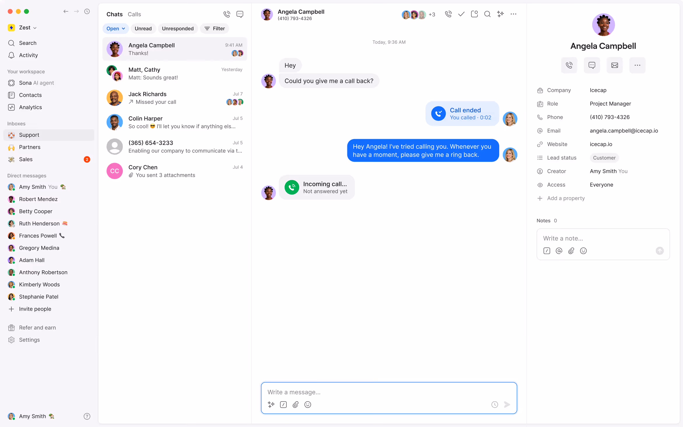 QUO team phone interface showing a shared workspace and conversation workflow
