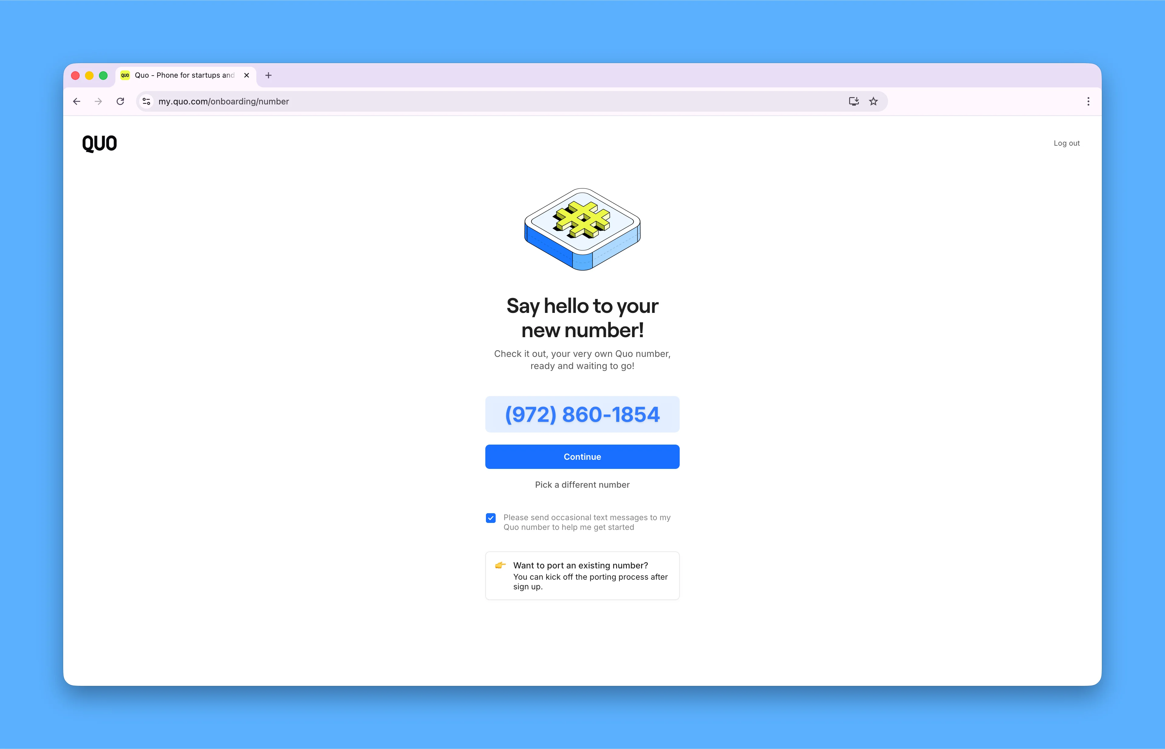 QUO onboarding screen showing a new business phone number ready to continue setup